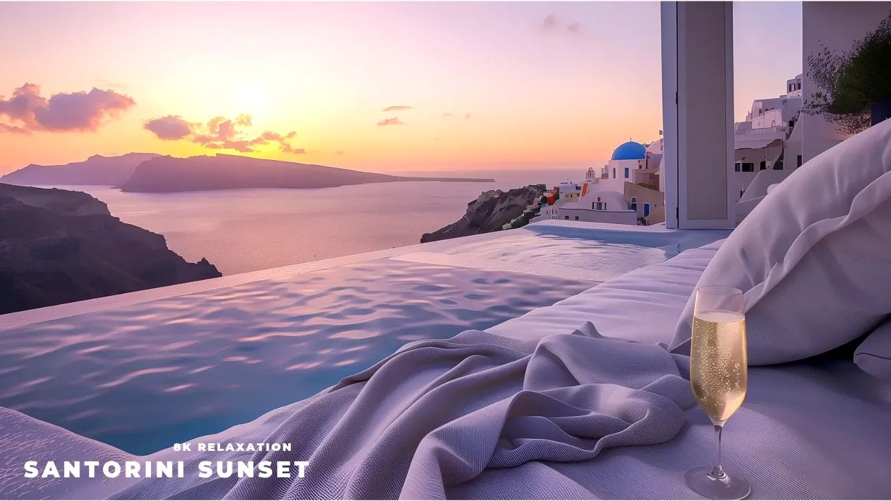 Luxury Sunset Villa in Santorini 🇬🇷 Deep Sleep & Relaxing Jazz (4K)