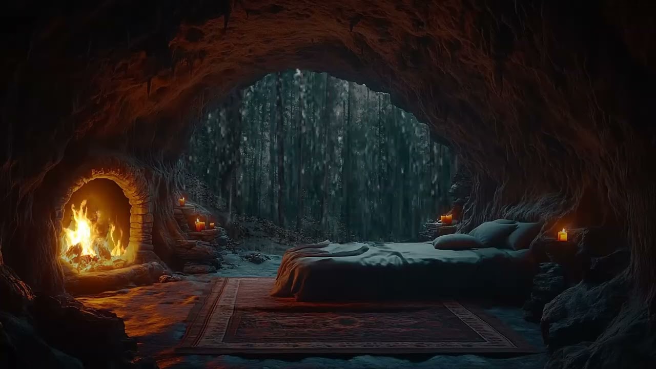 Heavy Rain and Crackling Fire in Forest Cave | Sound for Relaxation and Stress Relief