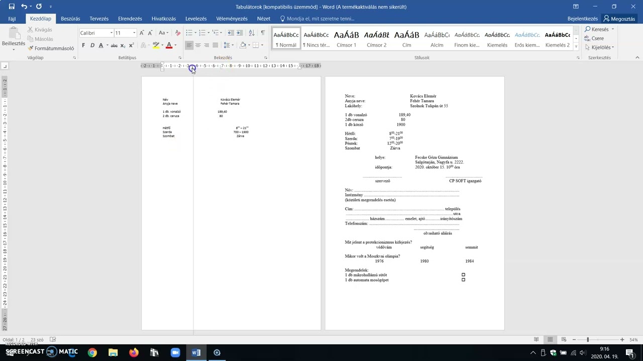 Microsoft Word: tabulátorok használata