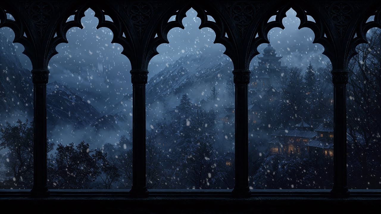 Gothic Castle Window at Night – Snowstorm with Howling Wind for Deep Sleep