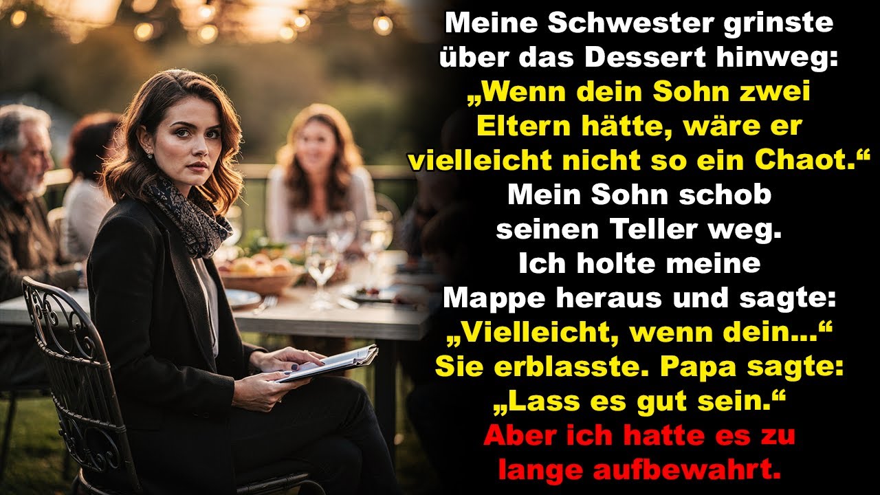 Meine Schwester grinste über das Dessert hinweg. „Wenn dein Sohn zwei Eltern hätte,“