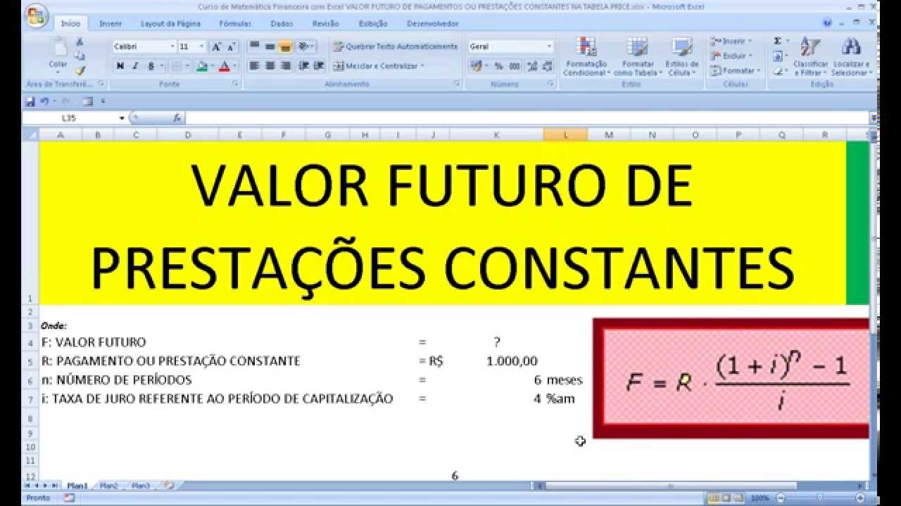 Curso de Matemática Financeira Excel VALOR FUTURO PAGAMENTOS PRESTAÇÕES CONSTANTES TABELA PRICE