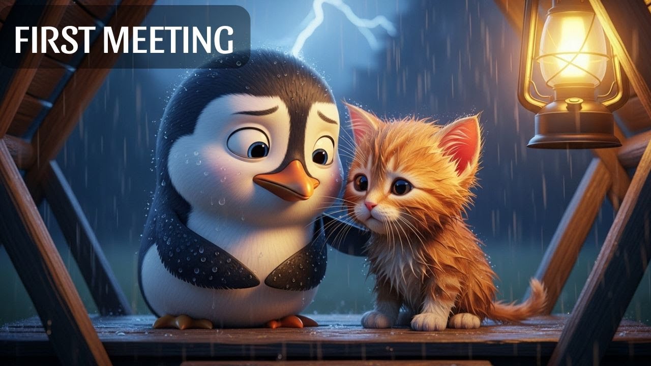 A Storm Brought Them Together: Penguin, Kitten, First Meeting 4K
