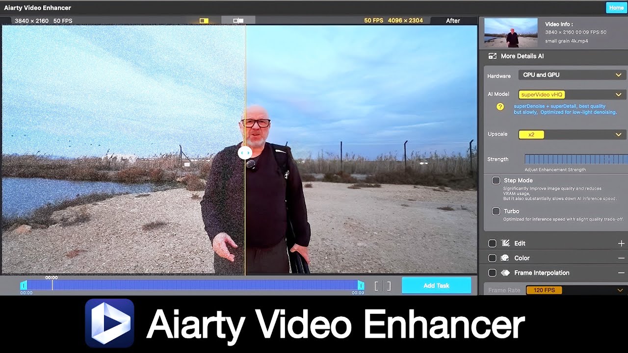 Обзор Aiarty Video Enhancer – удаление шума и масштабирование видео до 4K.