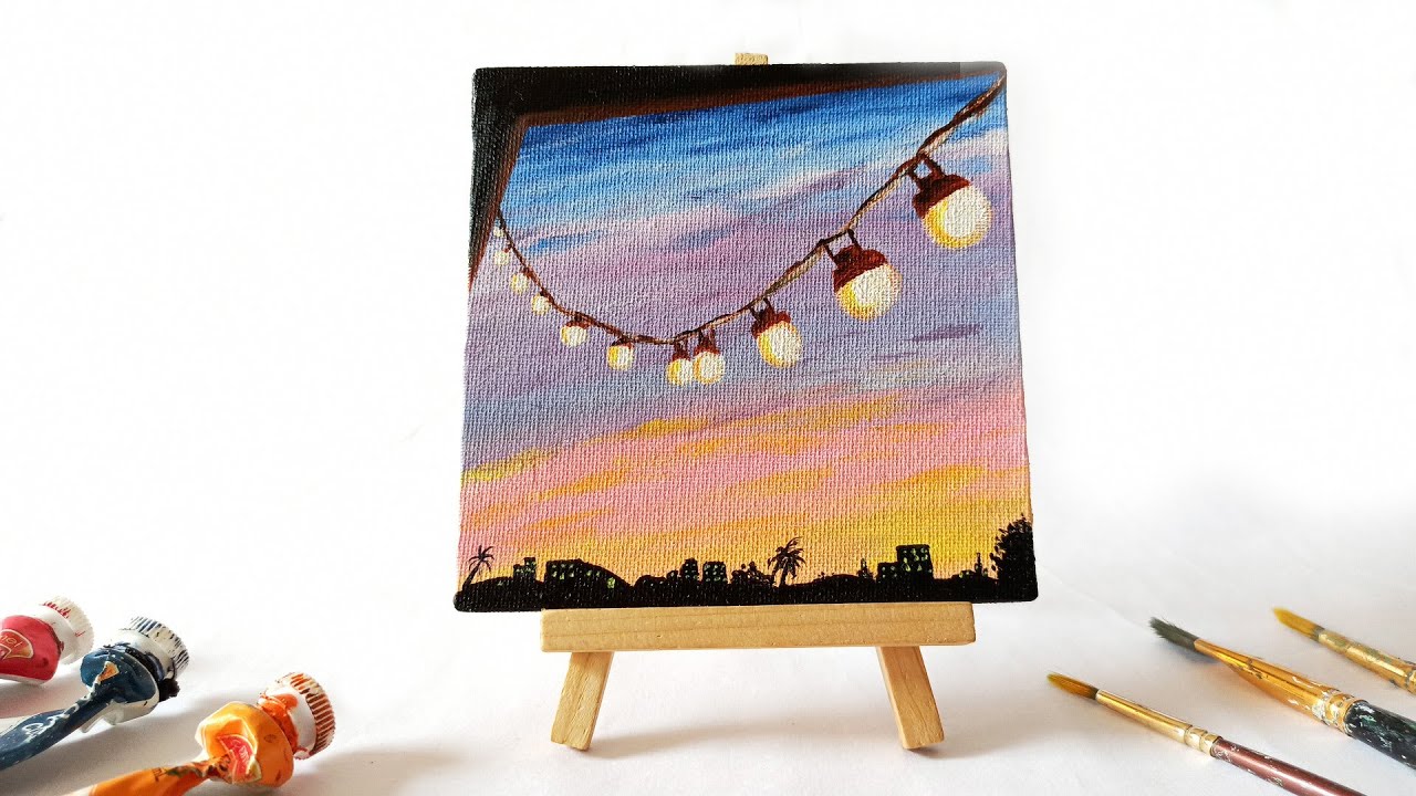 String Lights Acrylic Painting For Beginners | Fairy Lights Acrylic Painting | Mini Acrylic Painting