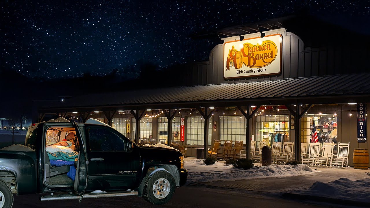 Зимний кемпинг на грузовике в единственном ресторане Cracker Barrel в Миннесоте.