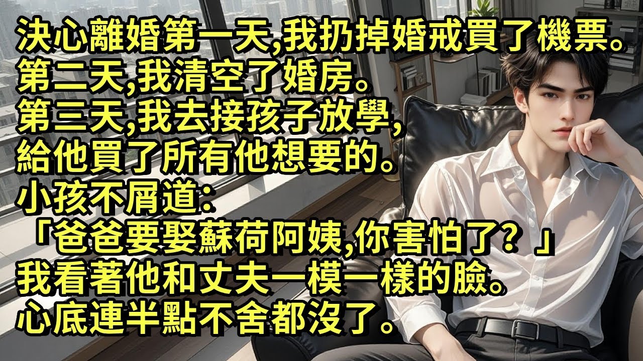 決心離婚第一天，我扔掉婚戒買了機票。第二天，我清空了婚房。第三天，我去接孩子放學，給他買了所有他想要的。小小的孩子不屑道：「爸爸要娶蘇荷阿姨，你害怕了？」我看著他和丈夫一樣的臉。心底連半點不舍都沒了。
