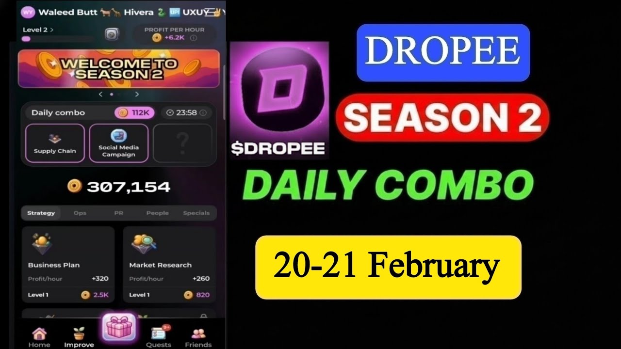 Dropee Season 2 Daily Combo 20-21 February | Dropee Daily Combo Today | Today Dropee Combo Card