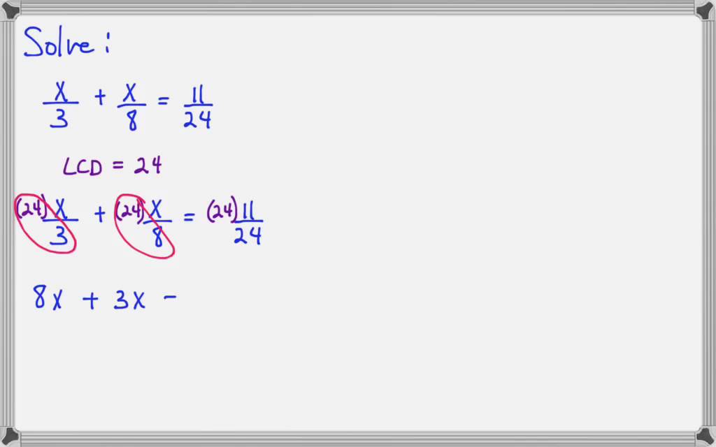 Solving linear equations with fractions (introductory algebra)