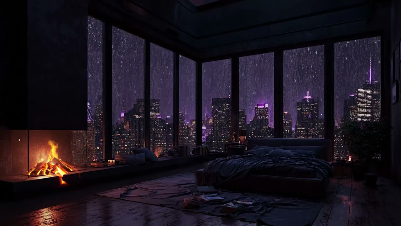 Tranquil City Rain 🌧️ | Slow Piano & Fireplace Sounds Creating a Peaceful Midnight Escape