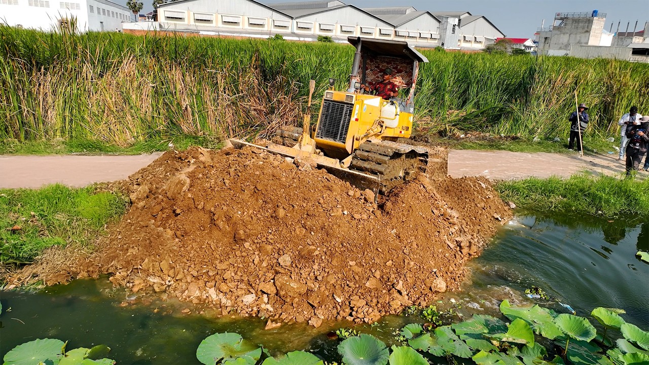 First Opening Amazing Project! Landfill Using Dump Truck & Dozer Pushing RockSoil Into Flooded Pond