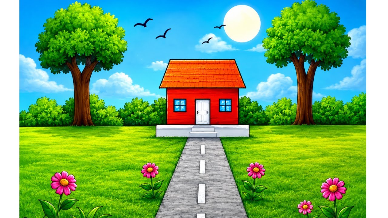 Very Easy House Scenery Drawing | How to Draw Scenery Step by Step | Easy scenery drawing for kids