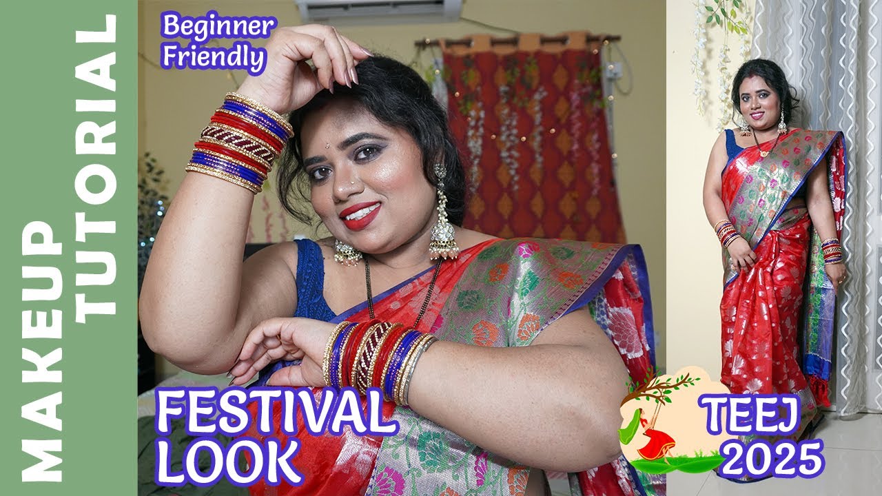 Beginner Friendly Teej Makeup Look 2025 | Red & Blue Saree Look