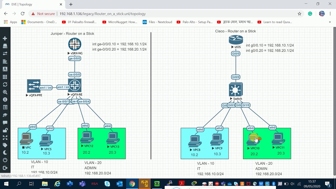 How to config Router on a Stick / inter-VLAN routing for Cisco CCNA and Juniper JNCIA-Junos learners