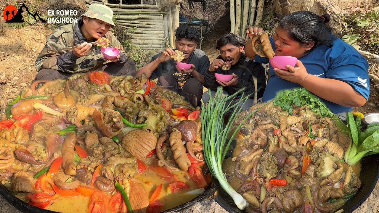 Sungur ko Aandra Whole Pork Intestine braised with Vegetable Amazing & Eating in Survival Bushcraft