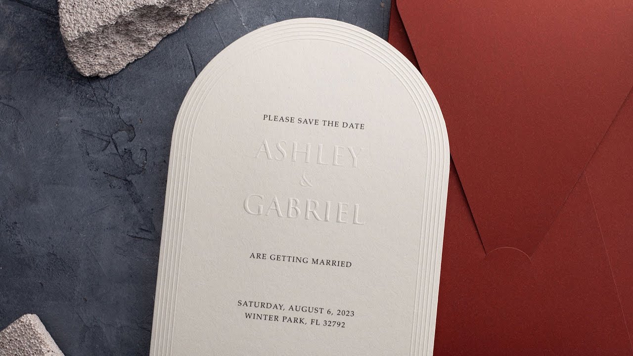 Arch Embossed Save the Date Card with Terracotta Envelope, Modern, Minimal, Letterpress - 1607TRARC