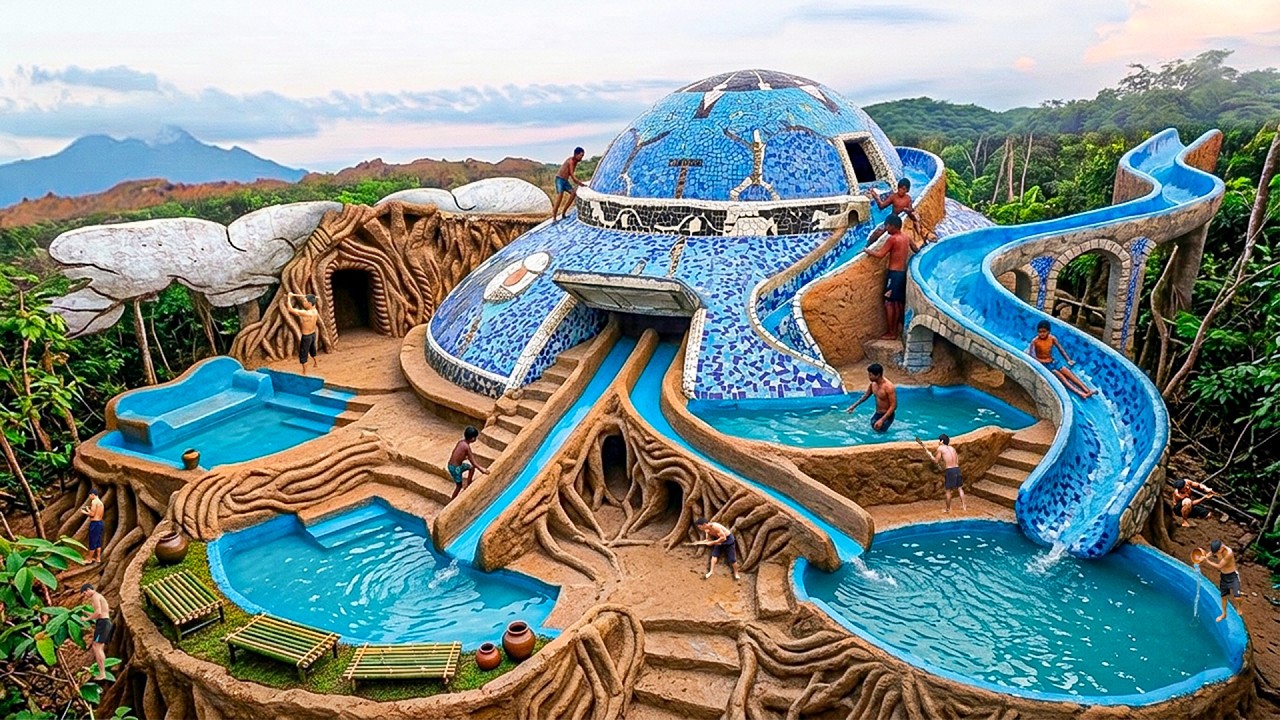 220 Days Building a UFO Dome Water Palace with Spiral Slides on a Steep Cliff Using Primitive Tools