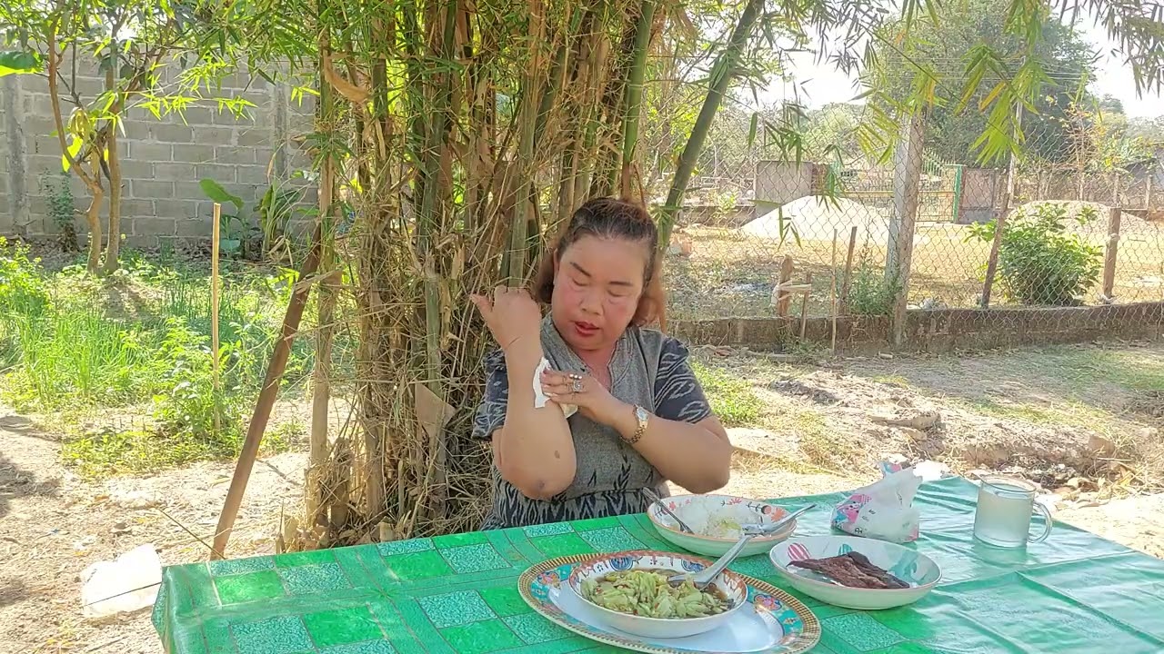 นั่งกินข้าวเช้าบรรยากาศหลังบ้านเย็นสะบายใจสะงบ