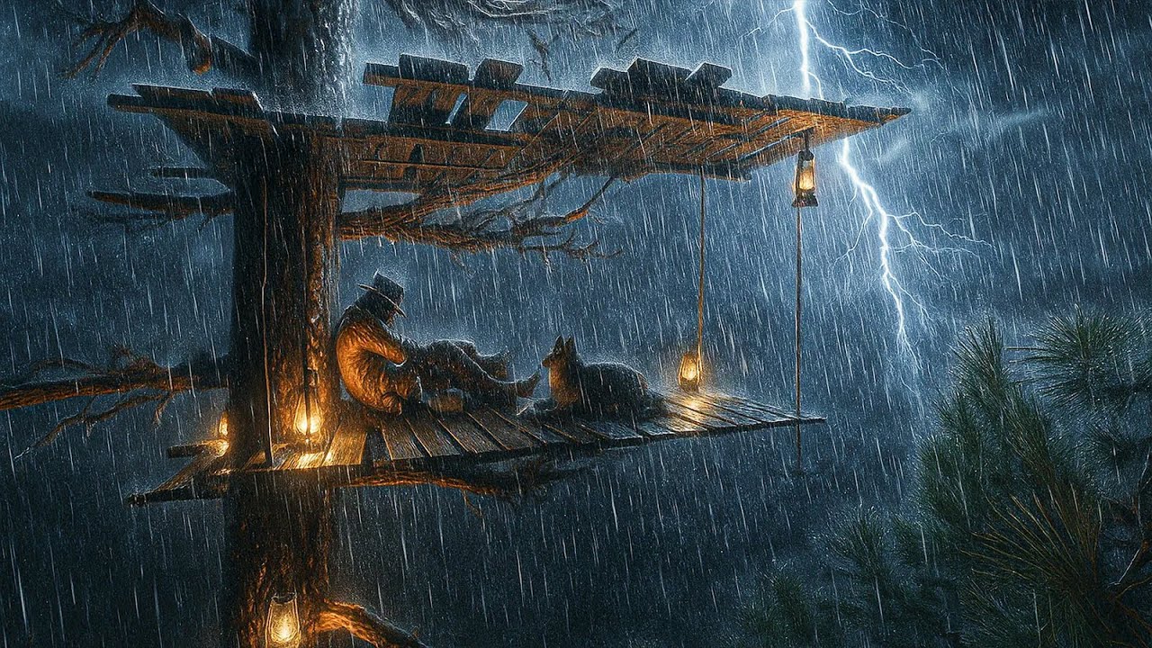 Taking Shelter on Cozy Tree House During Heavy Thunderstorm | RDR2 ASMR Rain