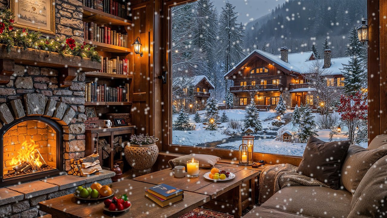 Beautiful Winter Jazz Café ❄️ Soft Piano, Coffee Shop Ambience & Fireplace for Study & Work