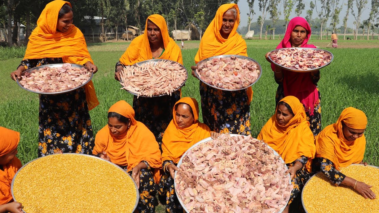 50 KG Chicken Lotpoti & 40 KG Split Chickpea Mixed Gravy Cooking By Women For 350+ Villagers