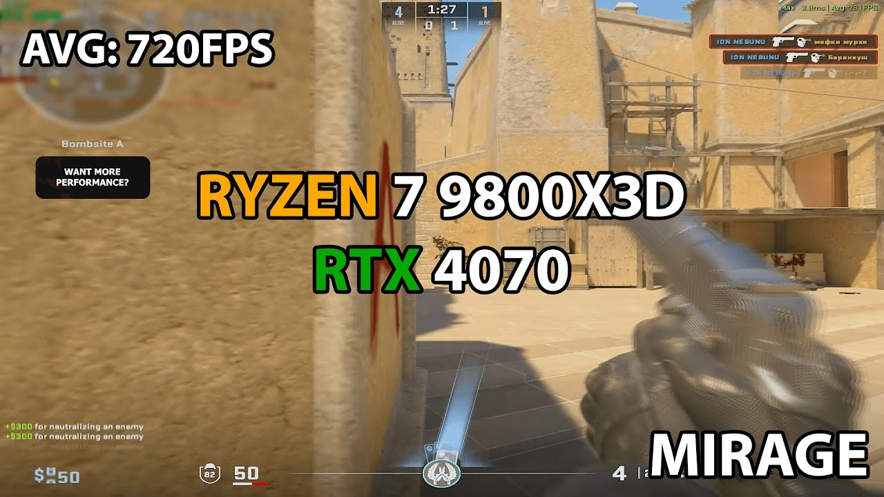 Best CPU for CS2 Ryzen 7 9800X3D + RTX 4070 1280x960 Competitive settings MIRAGE