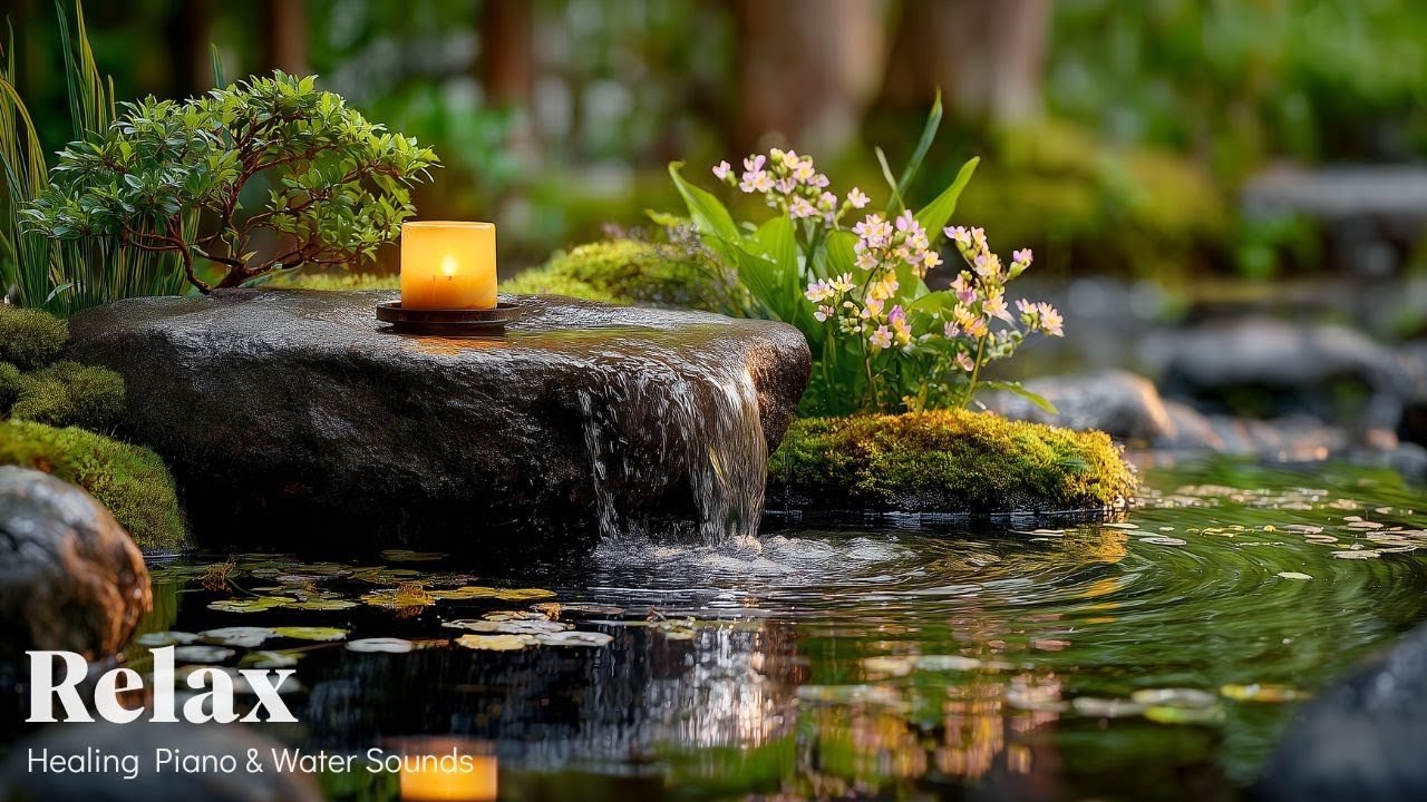 Healing Piano Music & Water Sounds in Japanese Garden 🌿 Best For Anxiety Relief, Meditation & Sleep