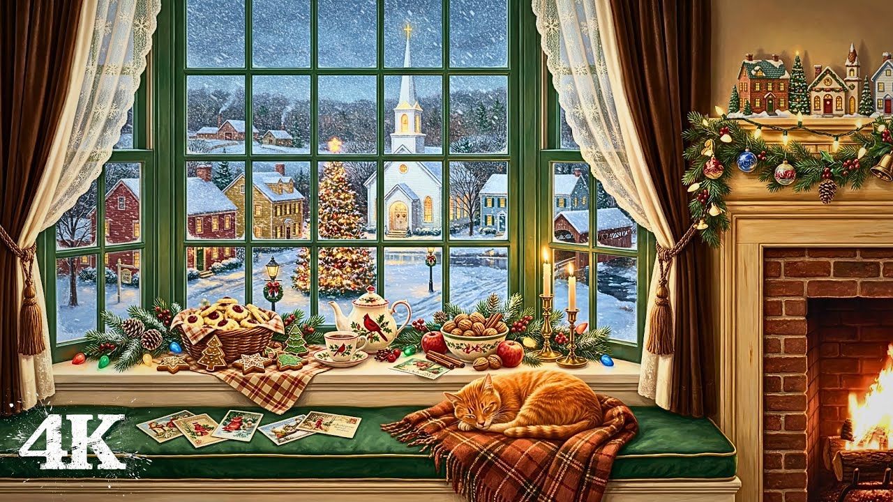 Snowfall Christmas Window Glow | Completely Lose Yourself in Joyful Peace with Fire & Winter Breeze