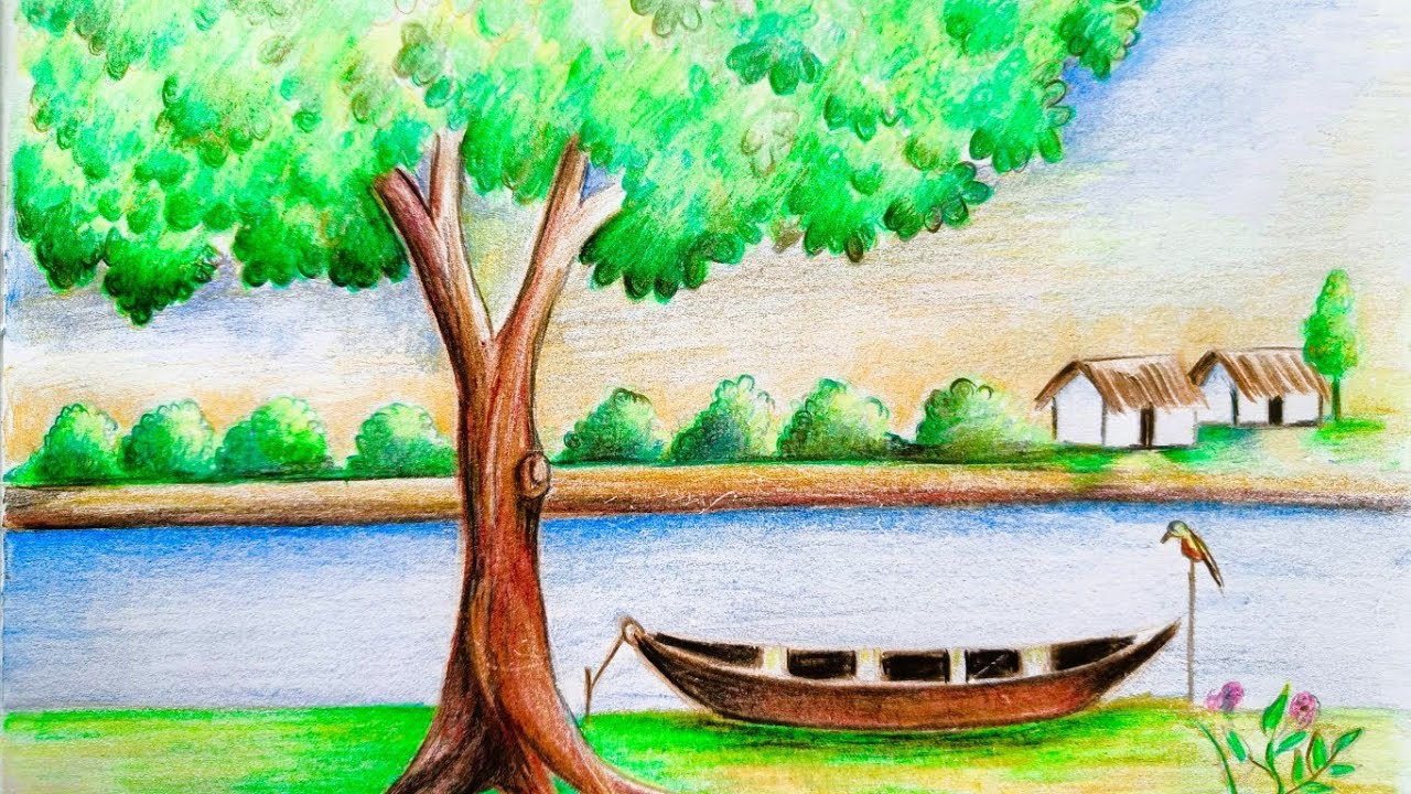 Easy Scenery Drawing II Using Colour Pencil II Colour Pencil art