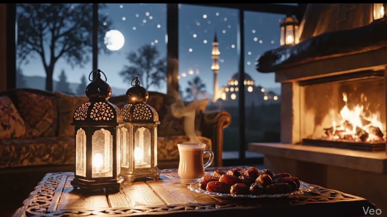 أجواء إفطار رمضان عند الغروب 🌙✨ غرفة دافئة مع فوانيس ومدفأة | Ramadan Iftar Ambience – No Music
