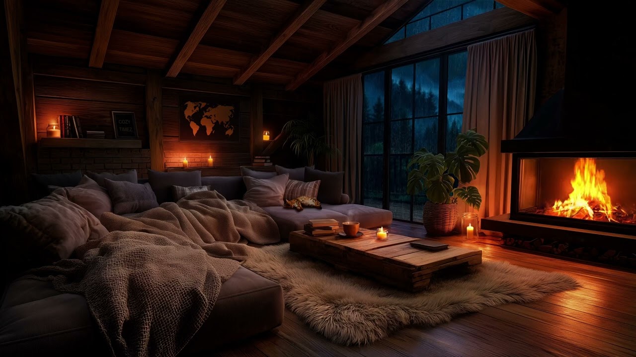 Rainy Night in a Cozy Cabin | Crackling Fireplace, Sleeping Cat & Mountain View