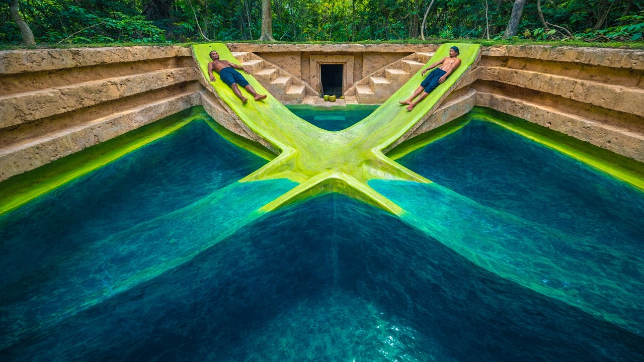 Building The Most Beautiful Water Slide Swimming Pool Underground Villa Park by Ancient skills