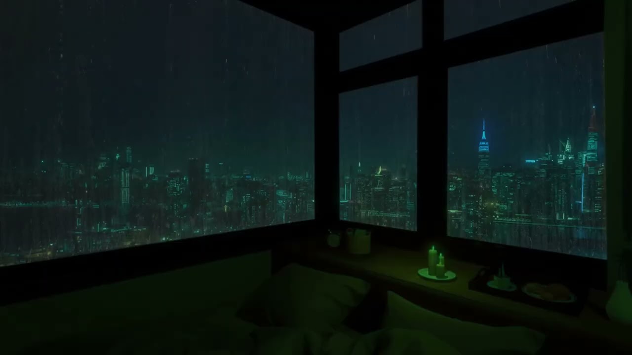 Soothing Rain Midnight🌧️Cozy Luxury Penthouse NYC Skyline & Thunder ASMR🌃Ease Anxiety & Deep Sleep