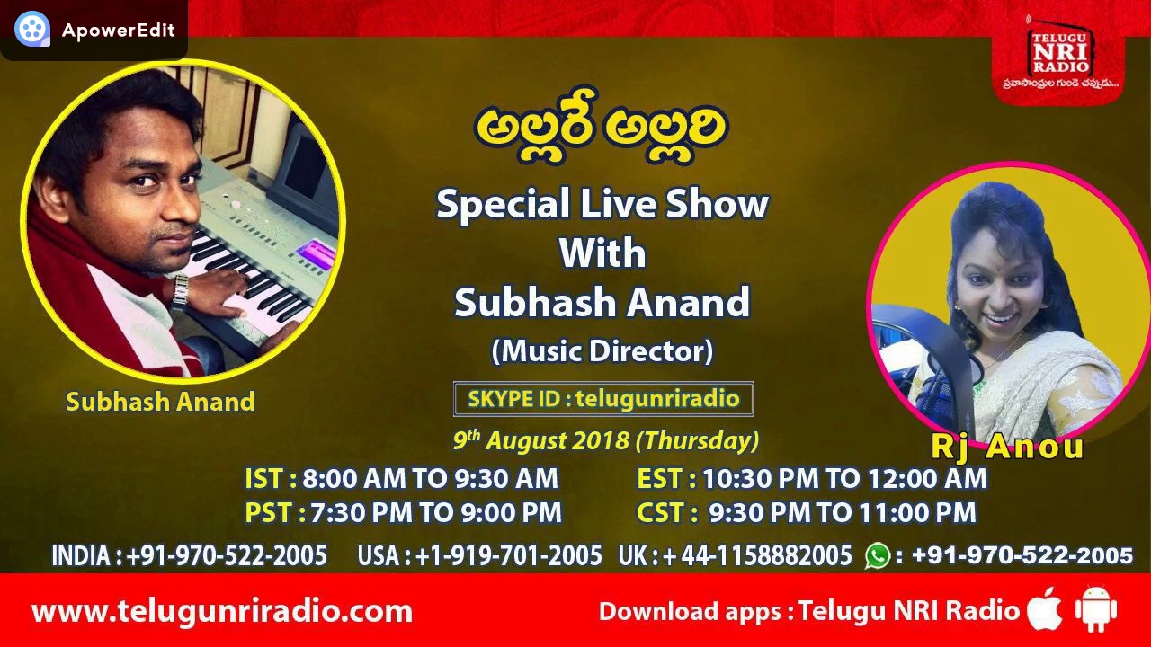 Music Director || Subhash Anand || RJ  Anou || Telugu NRI Radio