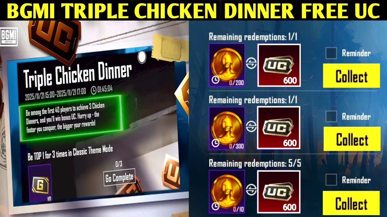 😍BGMI TRIPLE CHICKEN DINNER FREE 600 UC EVENT | GET FREE 1800 UC IN BGMI | 3 CHICKEN DINNER TRICK