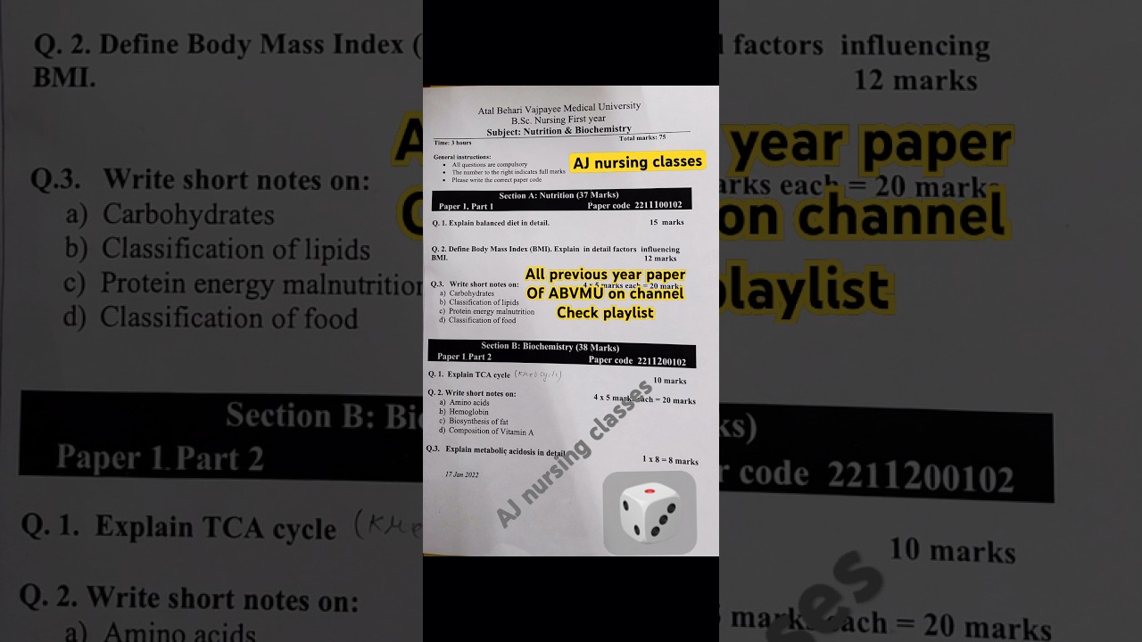 Nutrition & Biochemistry ABVMU Previous year paper bsc nursing first year Atal Behari Vajpayee paper