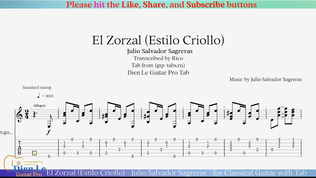 El Zorzal (Estilo Criollo) - Julio Salvador Sagreras - for Classical Guitar with Tab