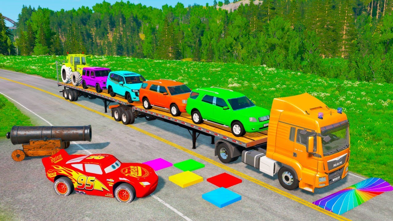 Flatbed Truck McQueen | Transportation with Truck - Pothole vs Car #89 | BeamNG.Drive Gameplay