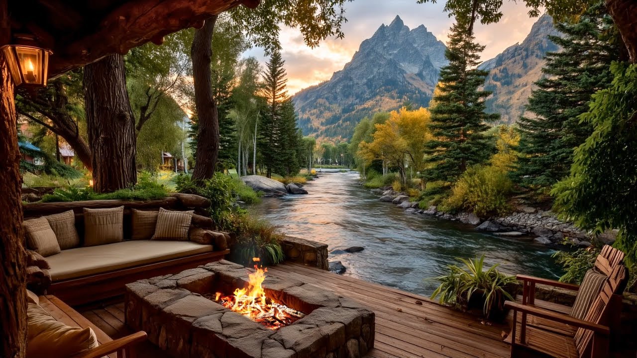 Forest Riverside Porch | Relaxing Firepit & Calm Birds Songs Ambience