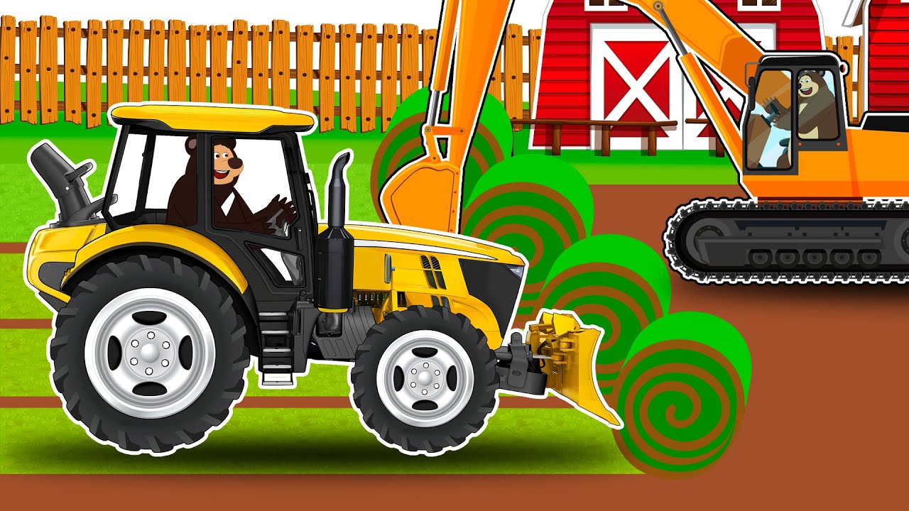 The Bear Drives Excavator and Bulldozer to Clear Grass - Farm Remodeling | Construction Vehicles