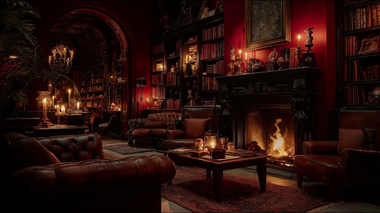 Peaceful Night in a Warm Library with Crackling Fireplace Sounds for Reading, Calm, and Deep Sleep