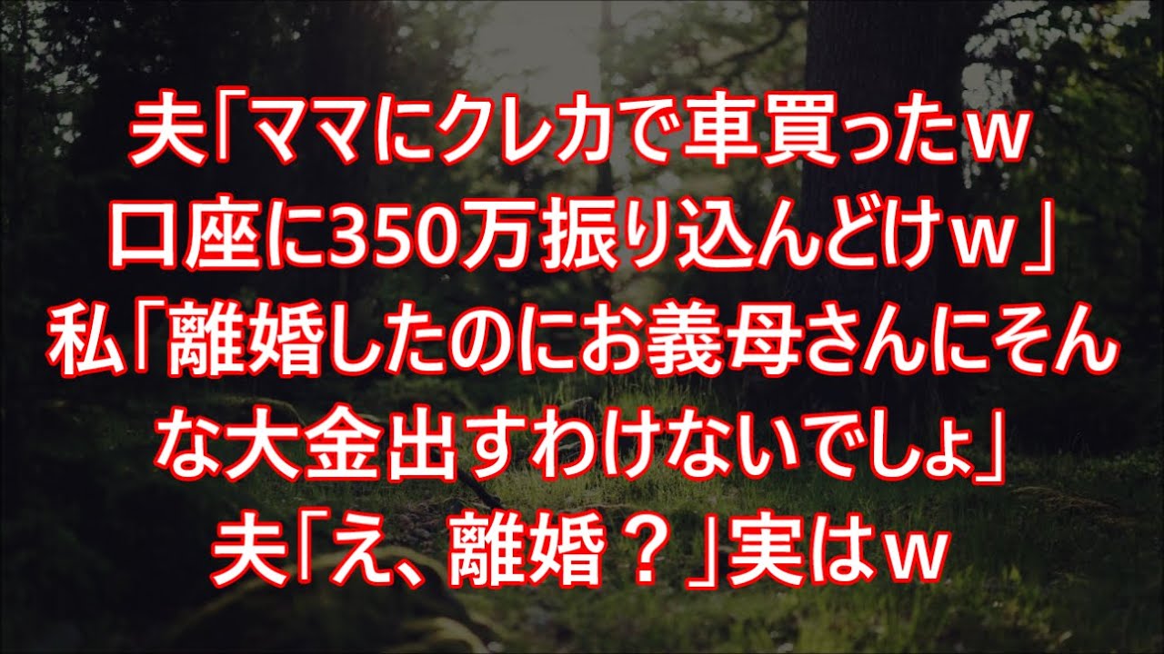 夫「ママにクレカで車買ったｗ口座に350万振り込んどけｗ」私「離婚したのにお義母さんにそんな大金出すわけないでしょ」夫「え、離婚？」実はｗ