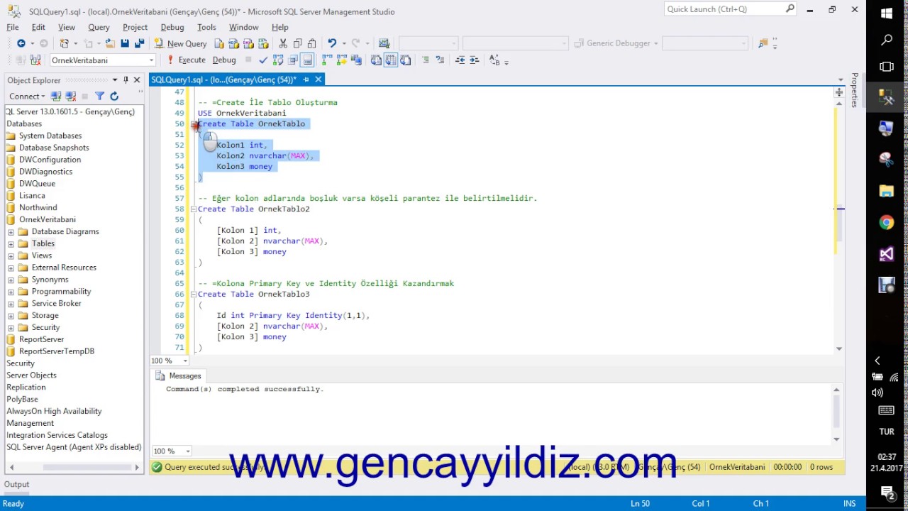 54-) T-SQL DDL Create Komutu İle Table Oluşturma