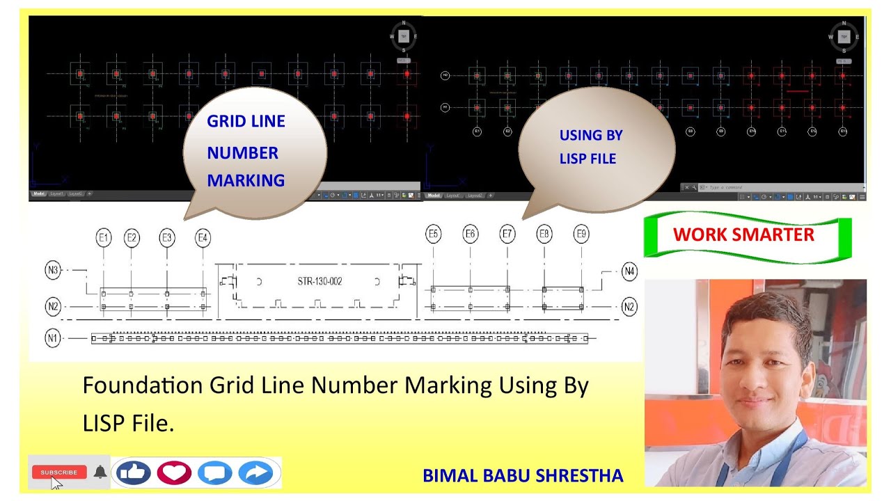 Civil Construction Foundation Grid Line Number Marking in AutoCAD Using By LISP File. [Work Smarter]
