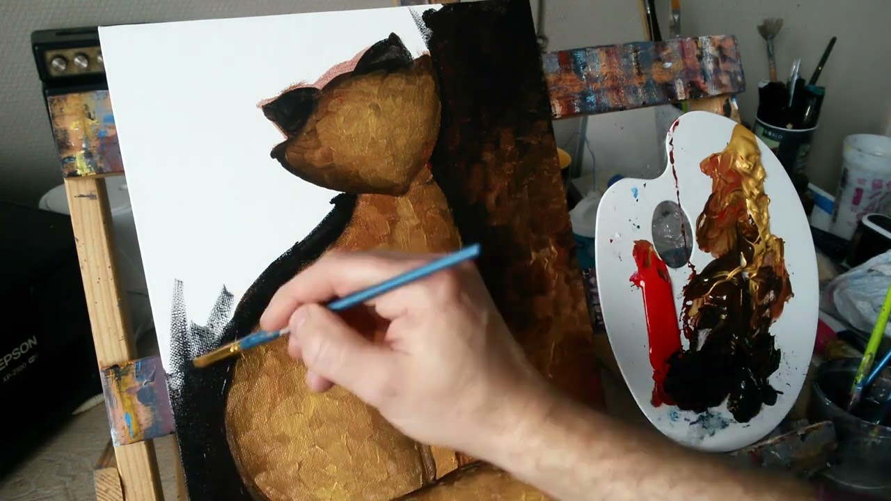Tableau peinture facile le chat or new cat gold contemporain acrylique 3 couleurs par Chrisk