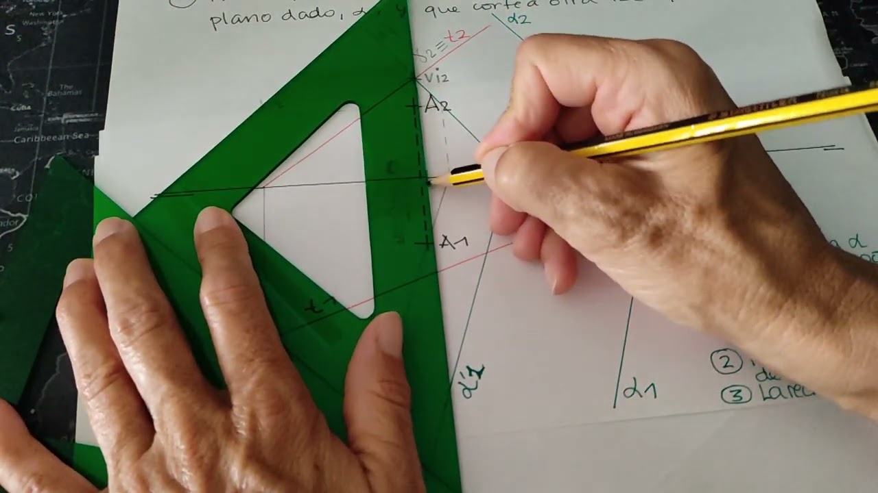 Ejercicio de paralelismo 2. Recta paralela a plano dado q pasa por un punto A y corta a recta t.