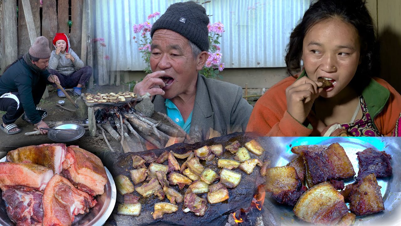 Amazing Pork Stone Barbecue is So Delicious | Stone Pork BBQ eating in village family | Village vlog