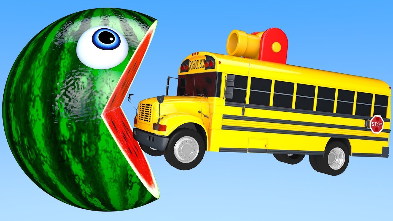 Learn Colors with PACMAN and Farm School Bus Watermelon Surprise Toy Street Vehicle for Kid