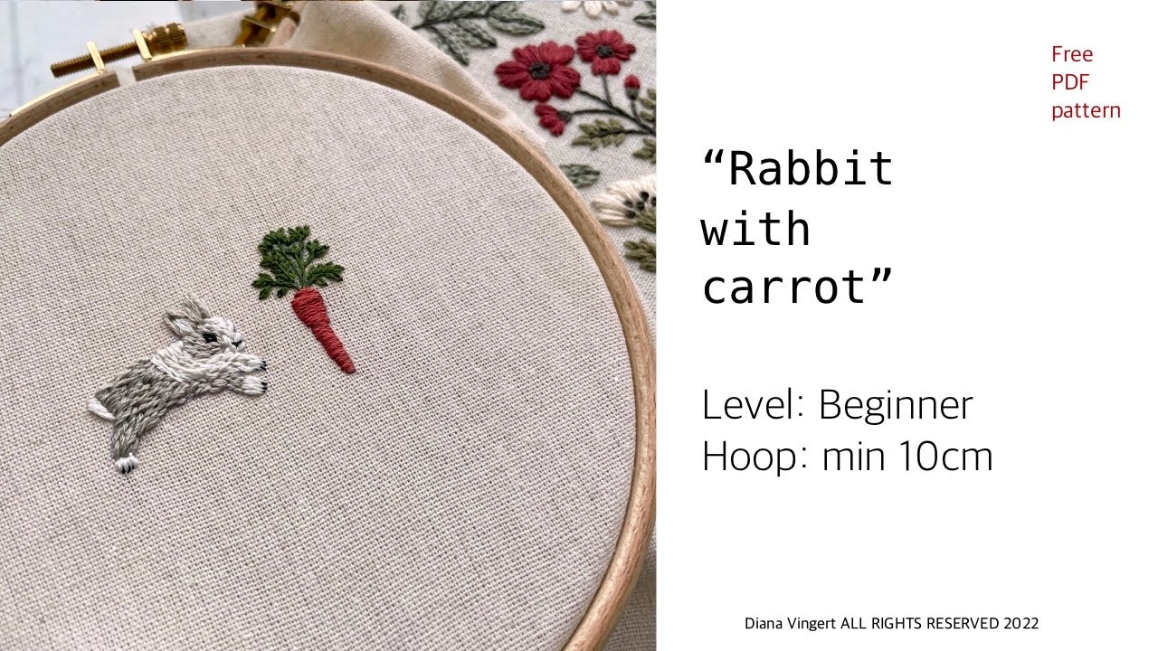 Simple embroidery of a rabbit and a carrot for a T-shirt, free pattern