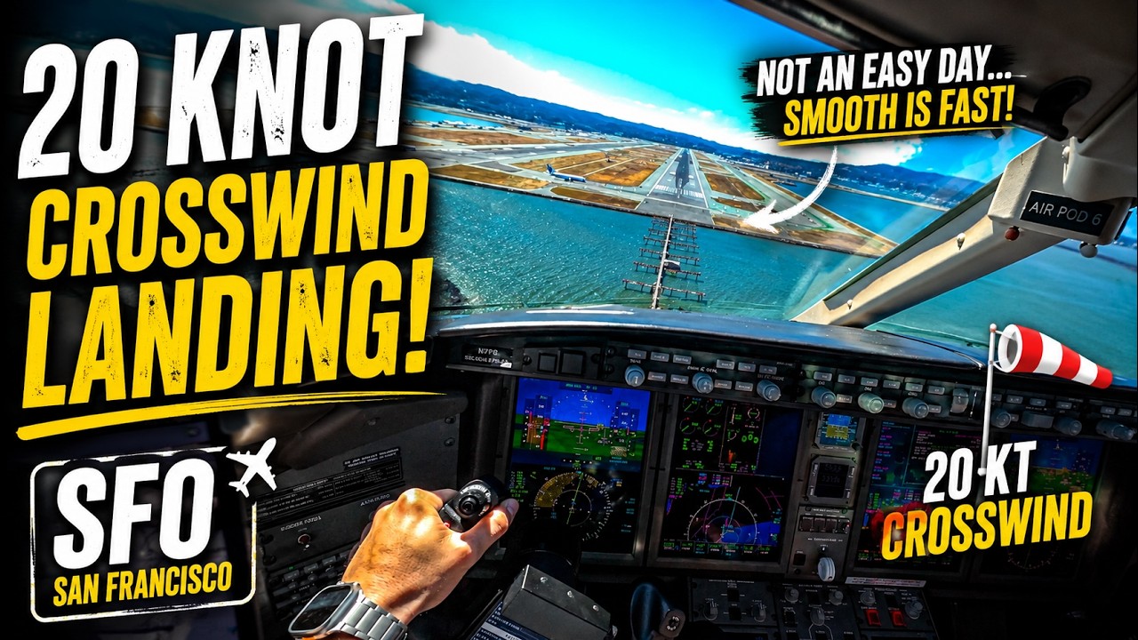 8K | 20 Knots Crosswind Landing at Insanely Busy SFO | Challenger 350